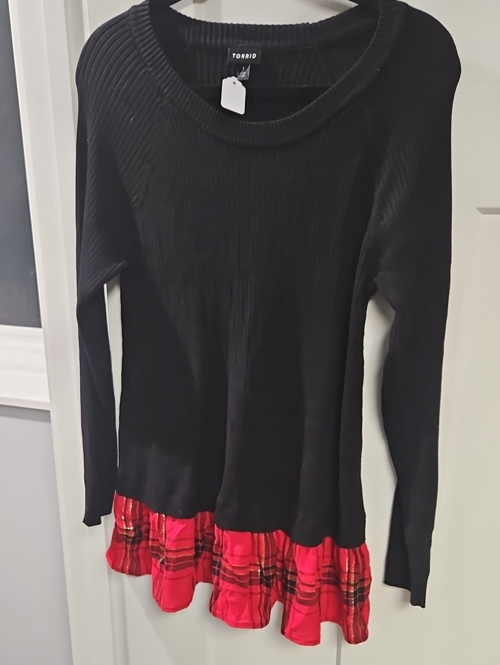 torrid Black Ribbed Long-Sleeve Top with Red Plaid Ruffle Hem - Kids